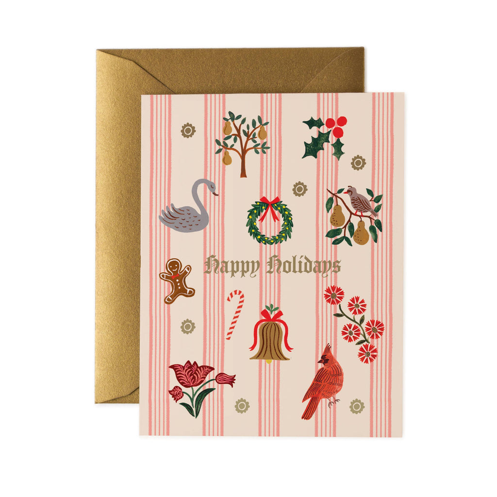 Greeting card with Christmas-themed illustrations and 'Happy Holidays' text, featuring a gold envelope.