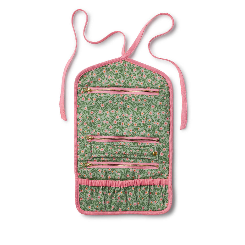 Floral-patterned pouch with pink trim on a white background