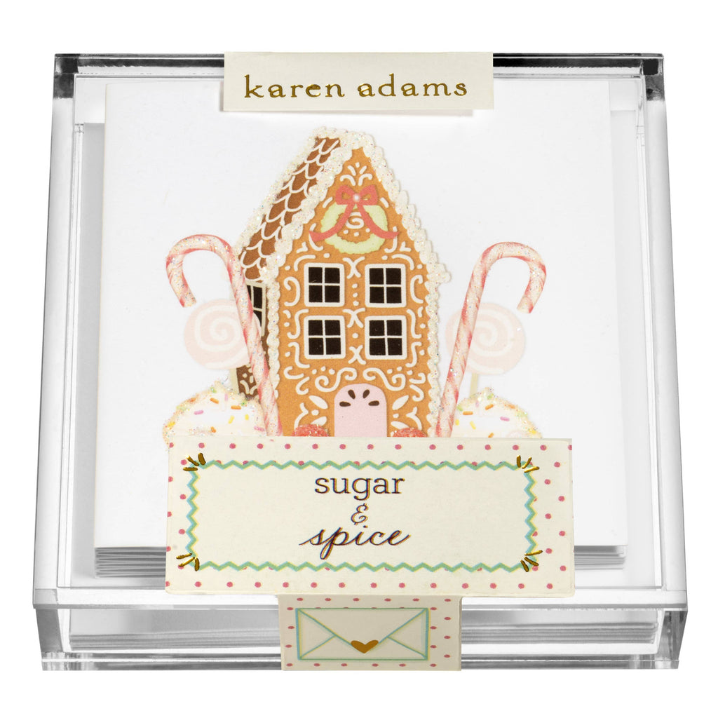 Gingerbread house card with candy canes and 'sugar & spice' text, branded 'karen adams'.