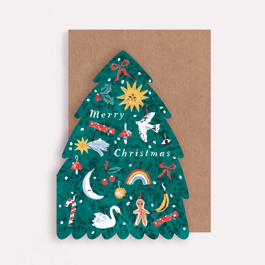 Decorative Christmas tree card with illustrations on a brown envelope