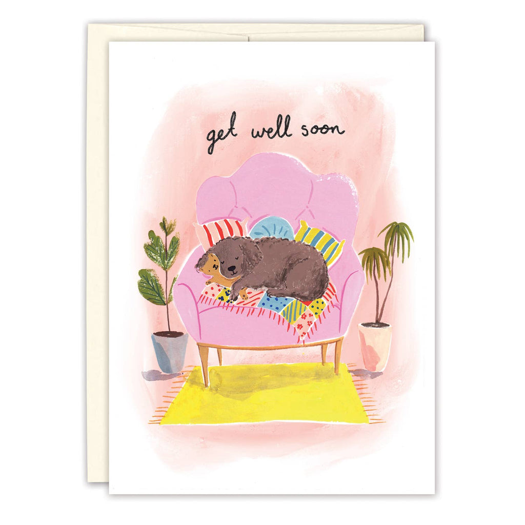 Greeting card with a hedgehog on a pink chair and 'get well soon' text.