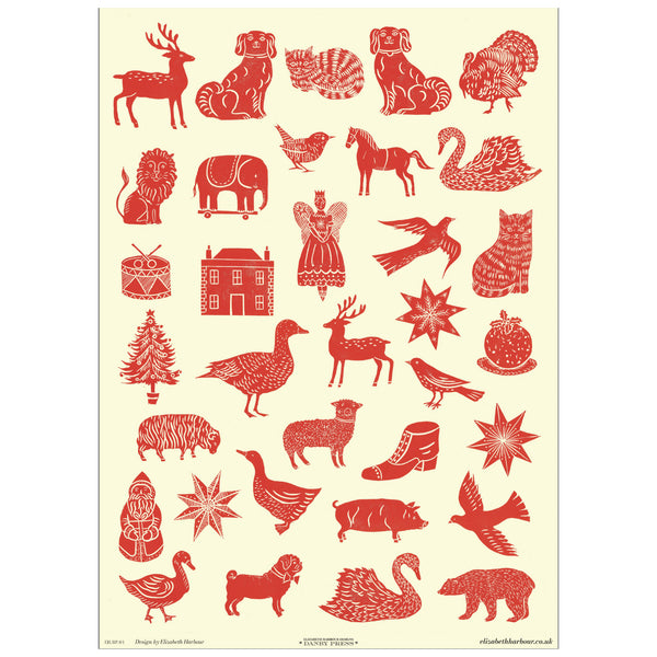 Red animal and object illustrations on a beige background