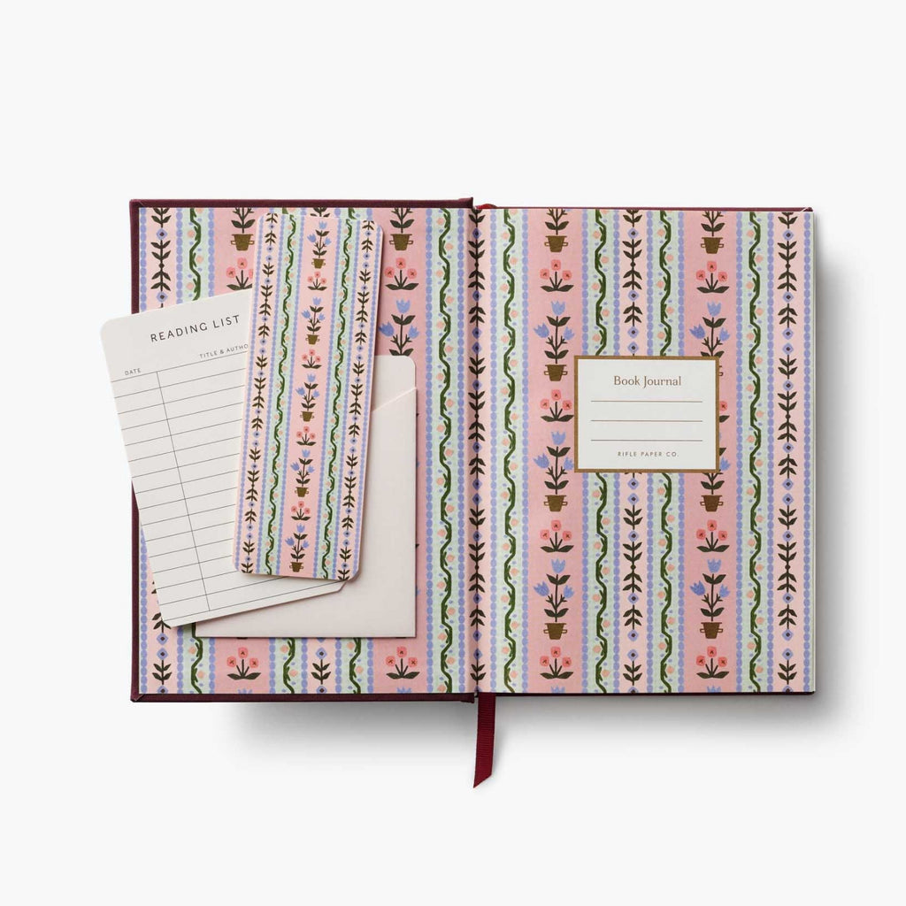 Patterned book journal with a bookmark on a white background