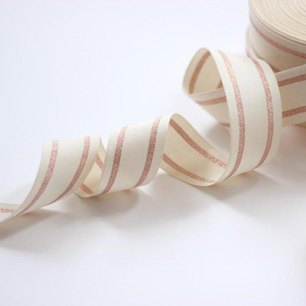 Studio Carta Striped Cotton Ribbon - Wood Paddle 10 yds - Natural & Rose Gold