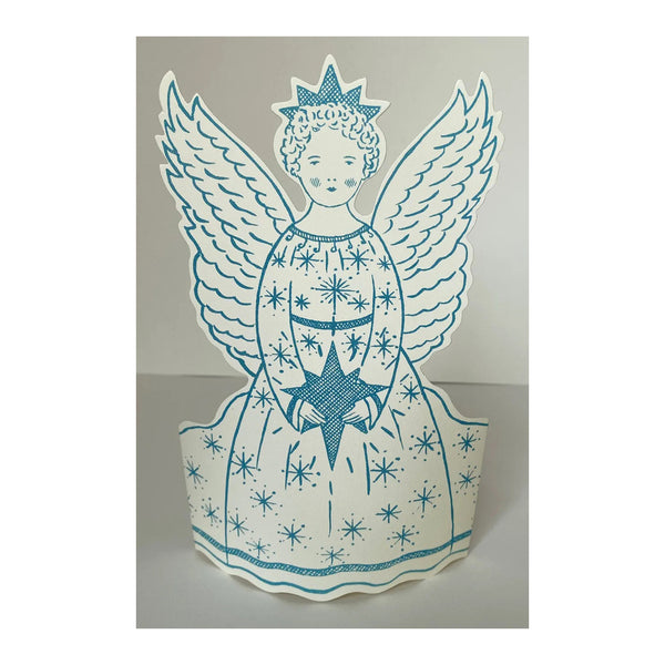 Decorative angel figure with wings and a star, blue design on a gray background