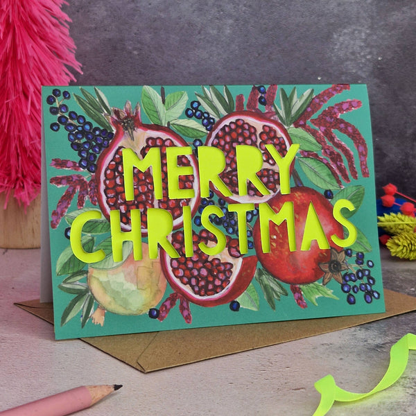 Miss Bespoke Papercuts - Merry Christmas Pomegranate Neon Christmas Card