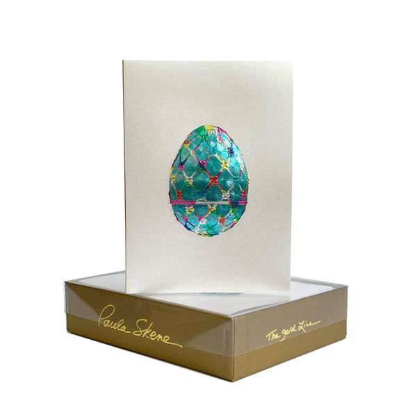 PAULA SKENE DESIGNS - Imperial Egg II Easter Card Teal on Silver Satin