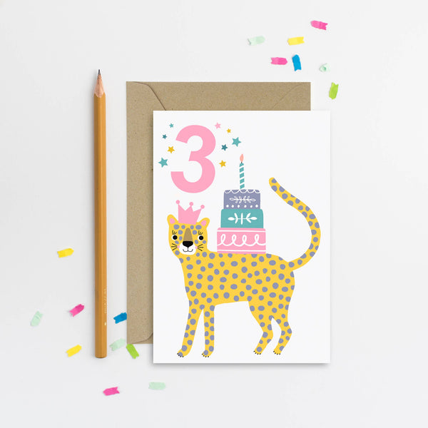 Mifkins - Age 3 Leopard Kid's Birthday Card 