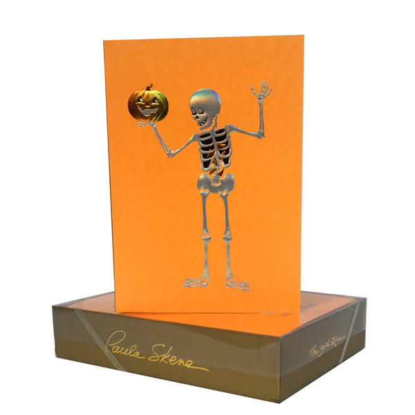 PAULA SKENE DESIGNS - Skeleton Holding Pumpkin on Orange Halloween Card