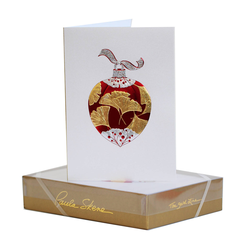 PAULA SKENE DESIGNS - Ginkgo Ornament on Silver Satin Christmas Card