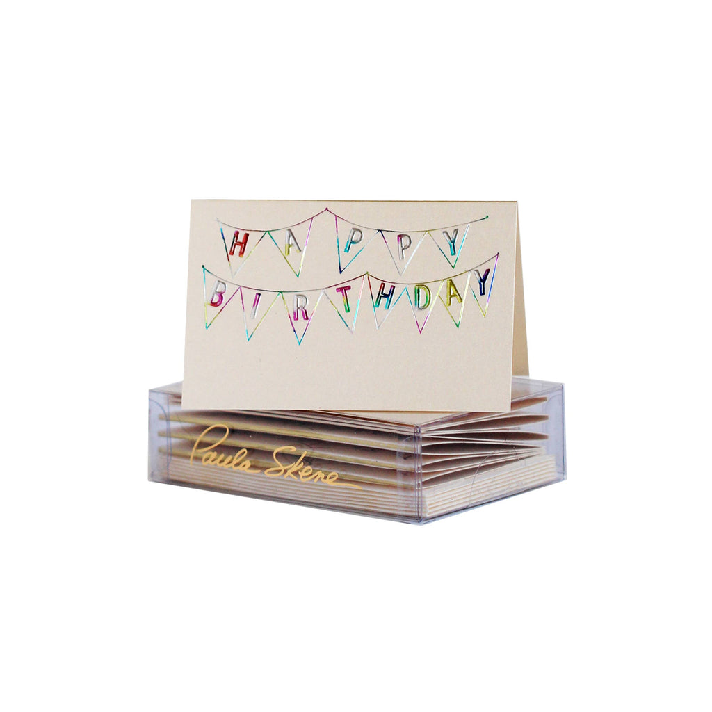 PAULA SKENE DESIGNS - Birthday Bunting on Champagne Enclosure Card: Boxed Set (6 Cards & Envelopes)