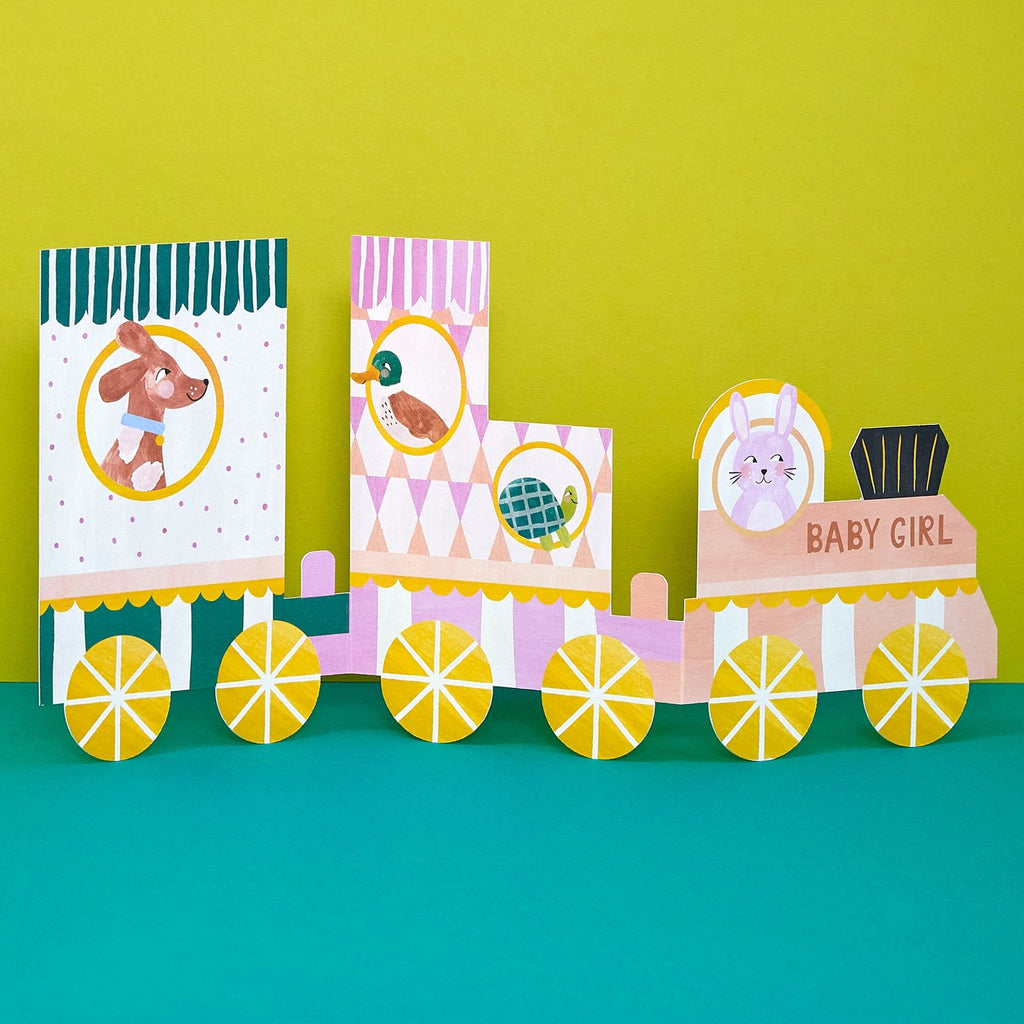 Raspberry Blossom 'Baby Girl' Concertina Fold Train Card