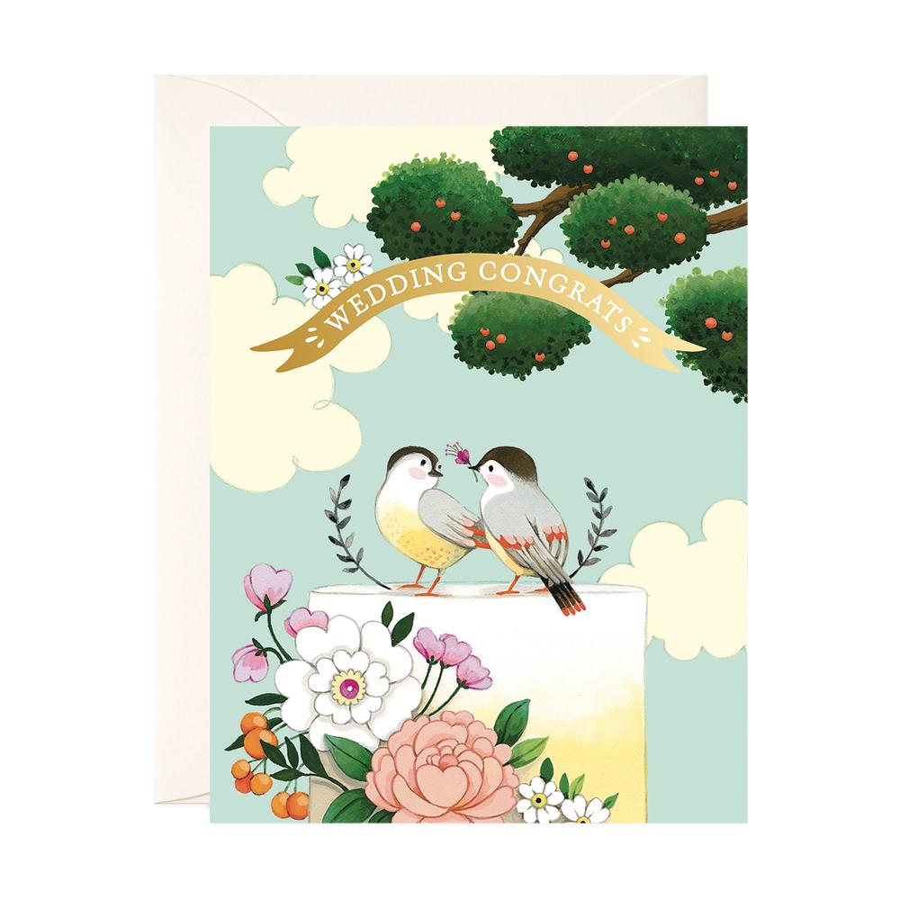 JooJoo Paper Birds on Cake Wedding Card