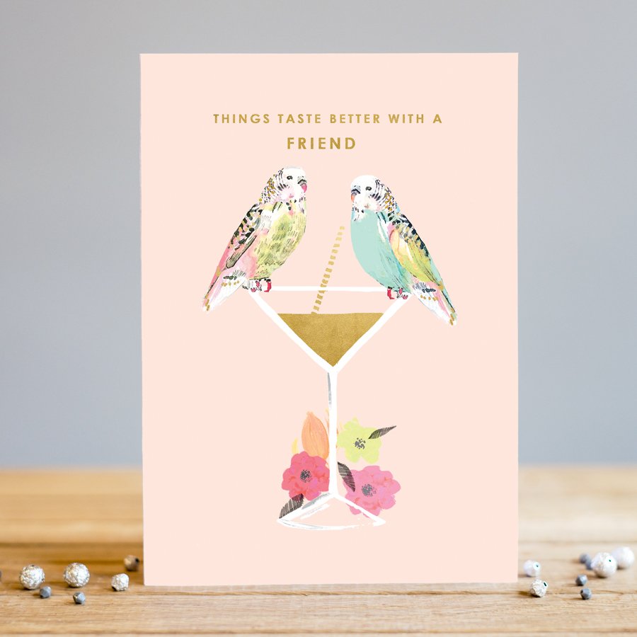 Louise Tiler Budgie Drinks Birthday Card