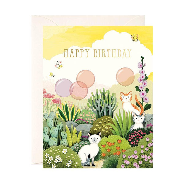 JooJoo Paper Cats in Garden Birthday Card