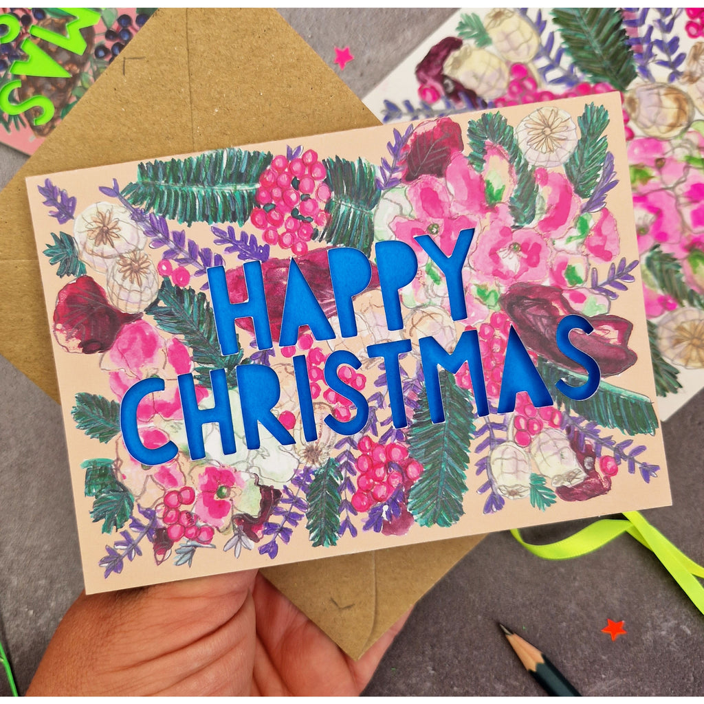 Miss Bespoke Papercuts - 'Happy Christmas' Neon Paper Cut Christmas Card