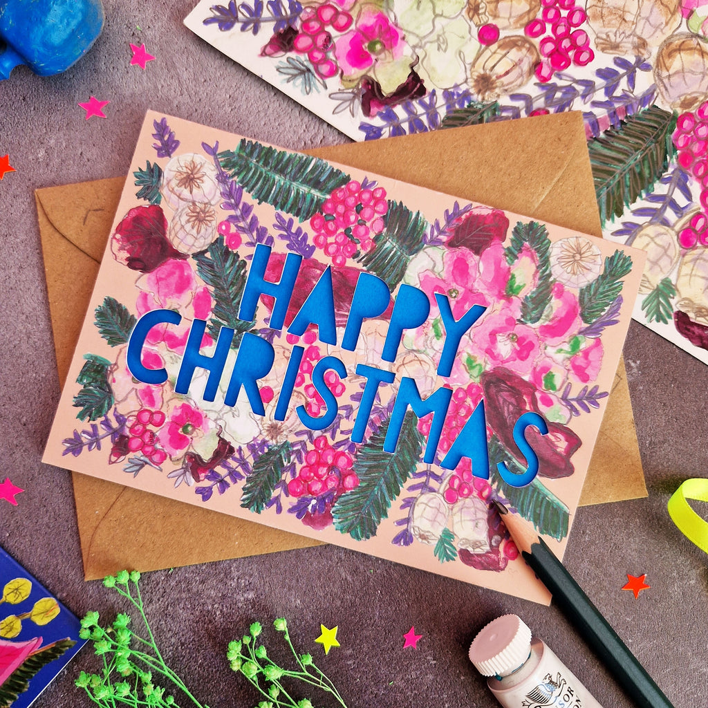 Miss Bespoke Papercuts - 'Happy Christmas' Neon Paper Cut Christmas Card