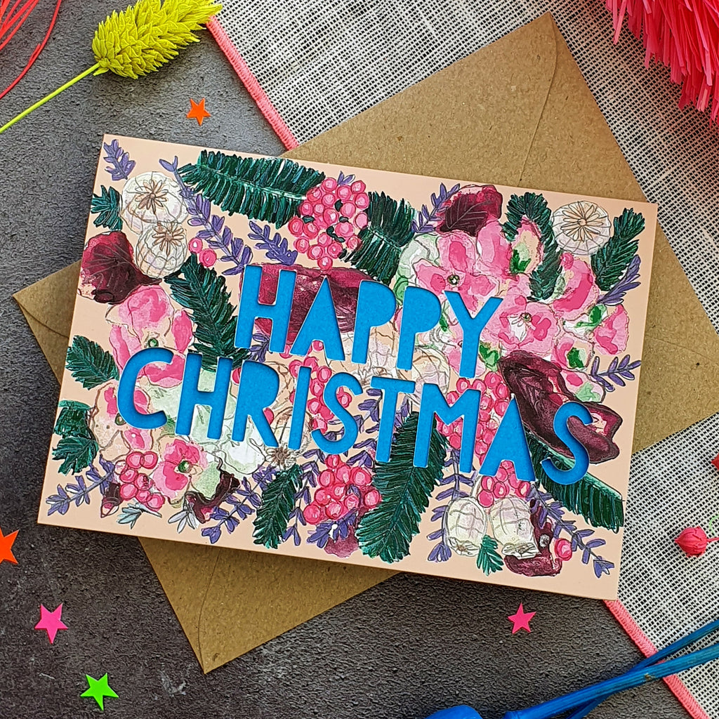 Miss Bespoke Papercuts - 'Happy Christmas' Neon Paper Cut Christmas Card