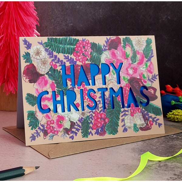 Miss Bespoke Papercuts - 'Happy Christmas' Neon Paper Cut Christmas Card