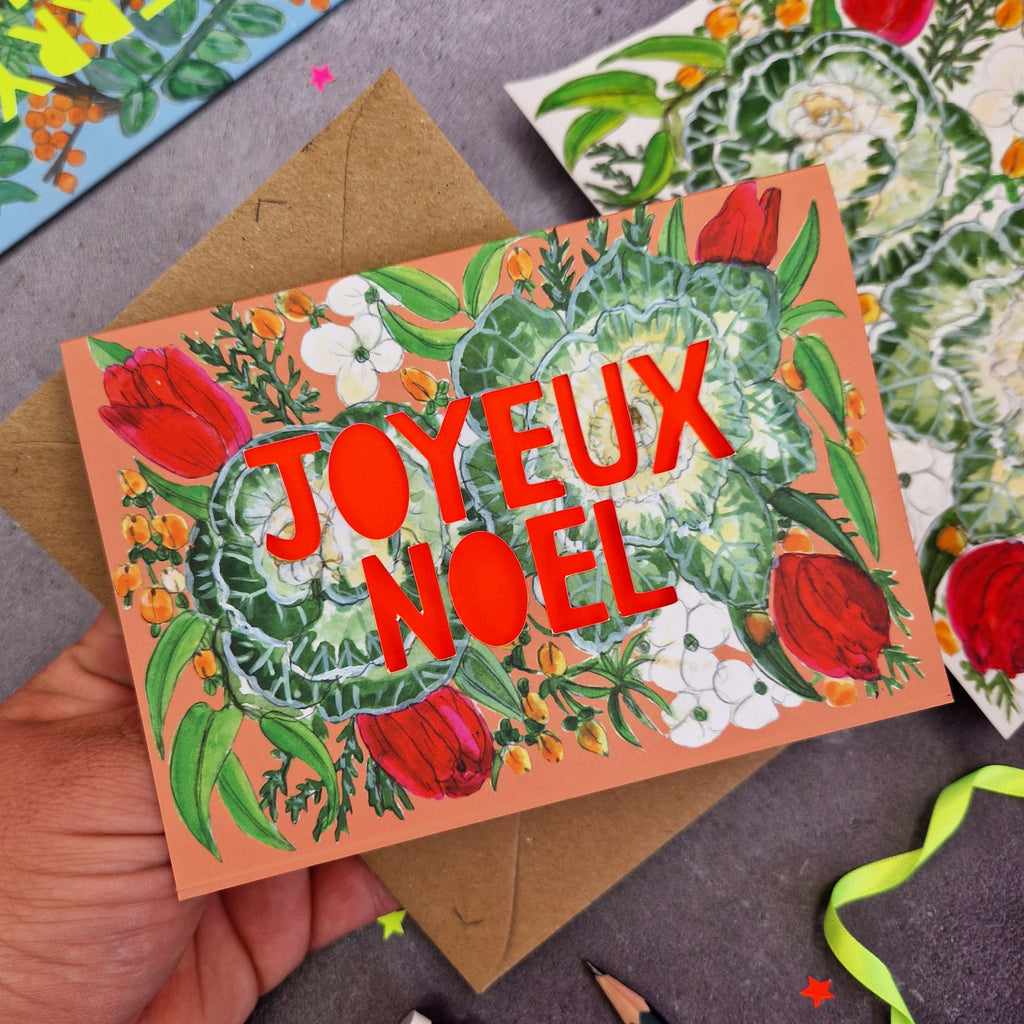Miss Bespoke Papercuts - Joyeux Noel Fluorescent Paper Cut Christmas Card
