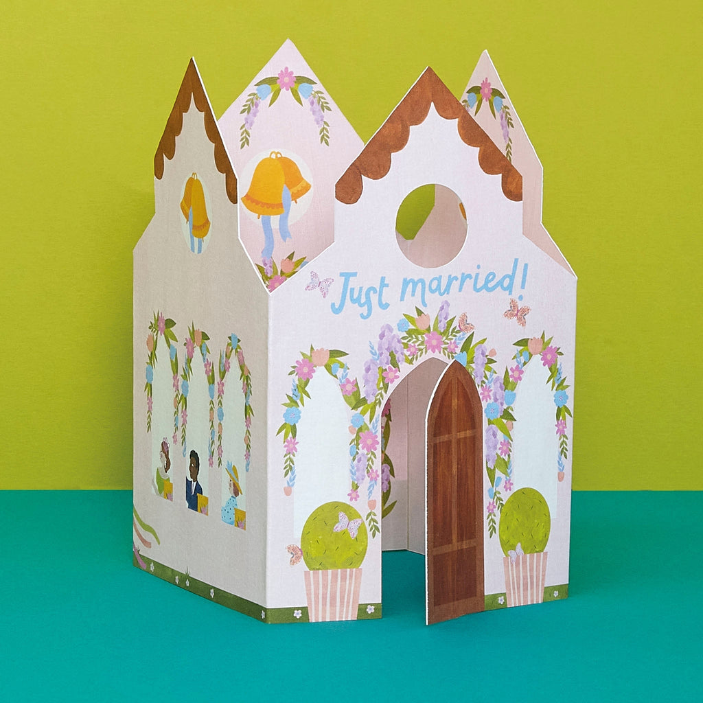 Raspberry Blossom 'Just Married' 3D Fold Out Church Wedding Card