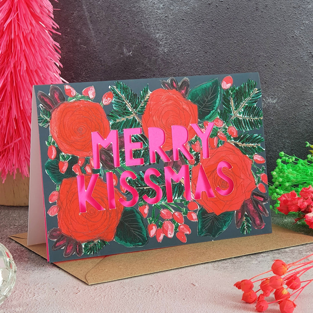 Miss Bespoke Papercuts - 'Merry Kissmas' Neon Paper Cut Christmas Card