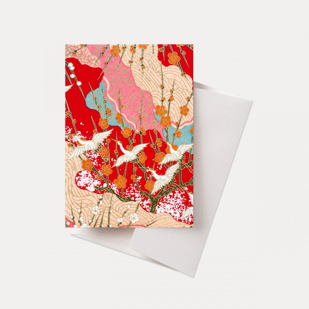 Esmie Pattern Cranes Collage Greeting Card - Red