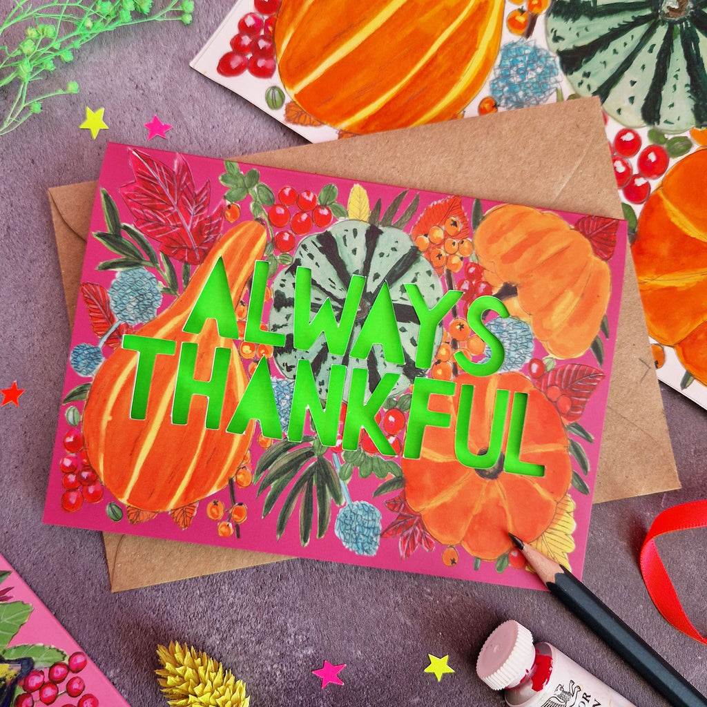 Edit SEO
Miss Bespoke Papercuts - Always Thankful Pumpkin Thanksgiving Card