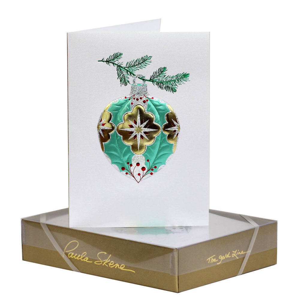 PAULA SKENE DESIGNS - Green Holly Ornament Christmas Card