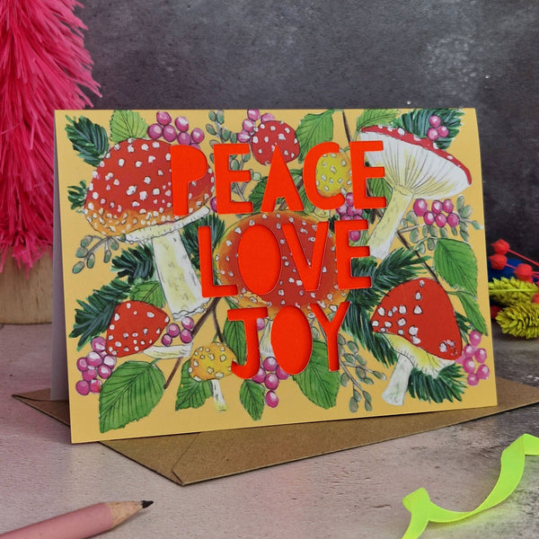 Miss Bespoke Papercuts - Peace Love Joy Mushroom Neon Luxury Christmas Card