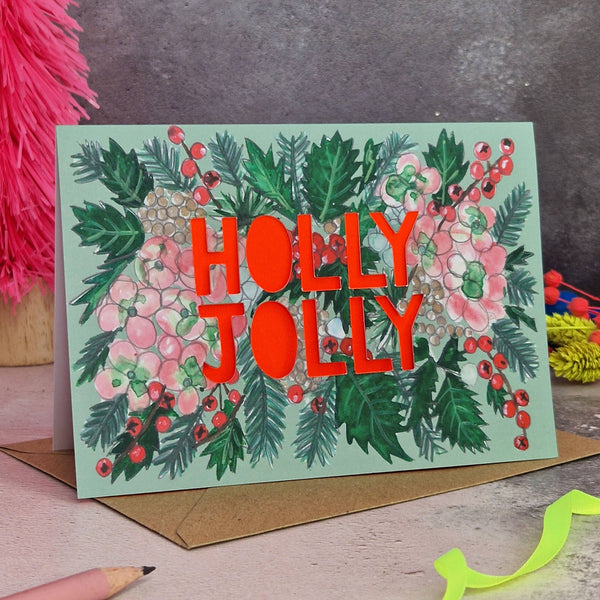 Miss Bespoke Papercuts - 'Holly Jolly' Neon Paper Cut Christmas Card