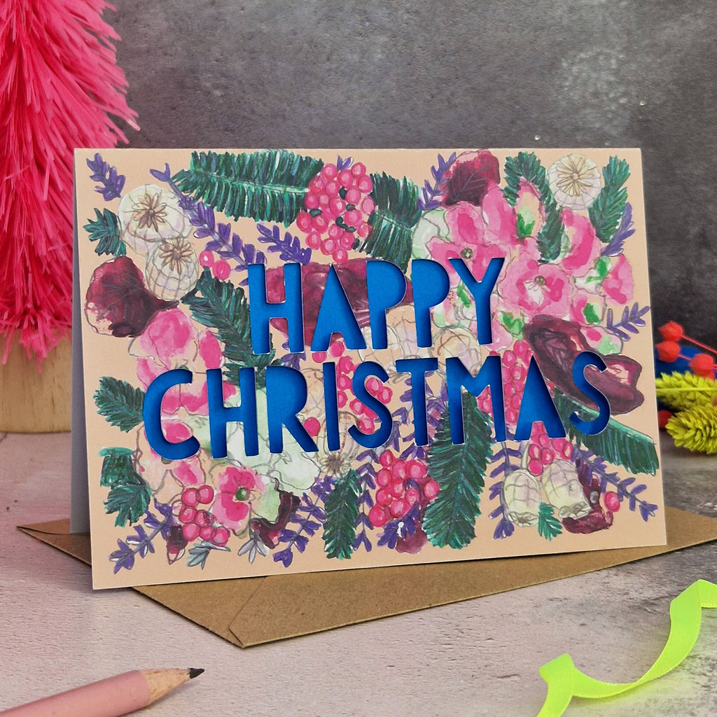 Miss Bespoke Papercuts - 'Happy Christmas' Neon Paper Cut Christmas Card